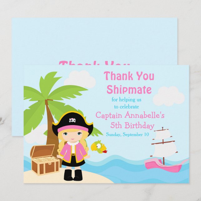 Cute Blonde Pirate Girl in Pink Birthday Party Thank You Card (Front/Back)