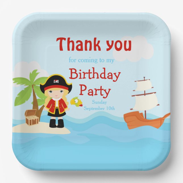 Cute Blonde Pirate Girl in Red Birthday Paper Plate (Front)