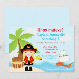 Cute Blonde Pirate Girl in Red Birthday Party Invitation