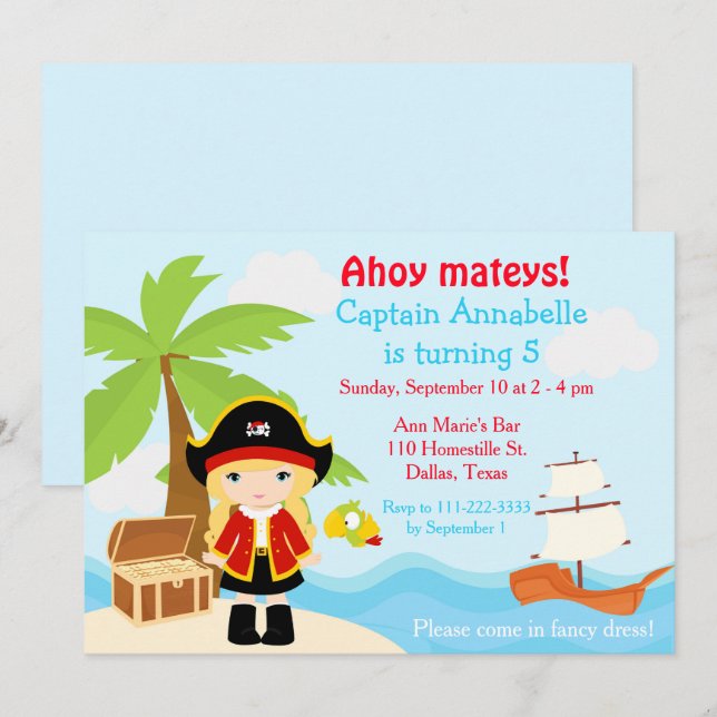 Cute Blonde Pirate Girl in Red Birthday Party Invitation (Front/Back)