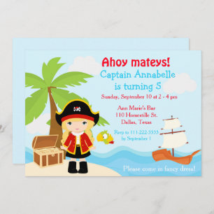 Cute Blonde Pirate Girl in Red Birthday Party Invitation
