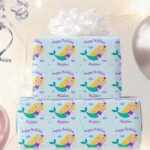 Cute Blonde Purple Mermaid Personalised Birthday Wrapping Paper