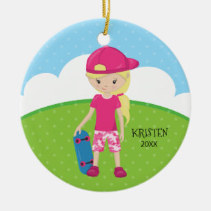Cute Blonde Skateboard Girl Personalised Christmas Ceramic Ornament