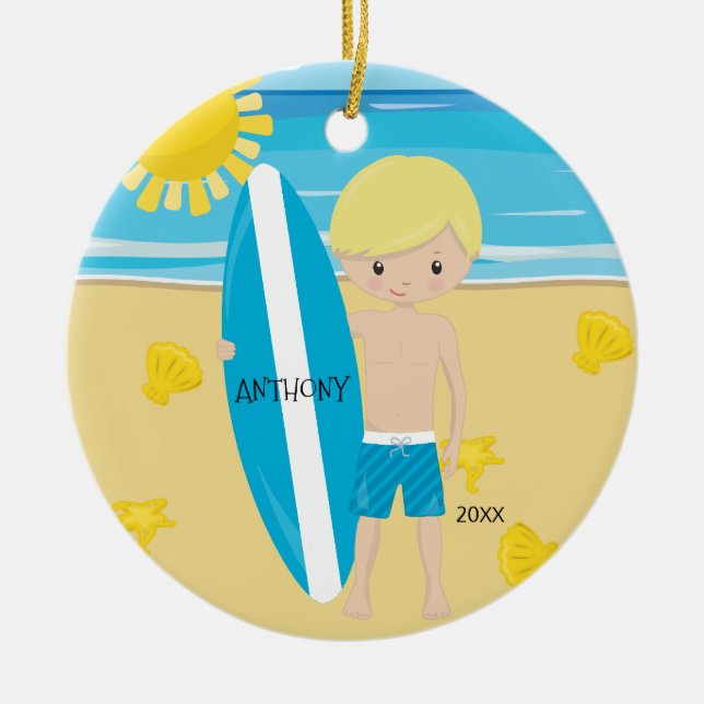 Cute Blonde Surfer Boy Personalised Christmas Ceramic Ornament (Front)