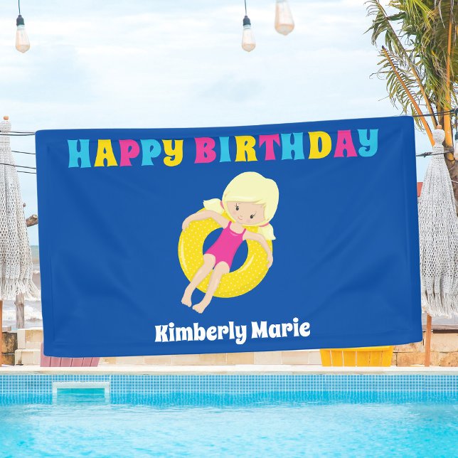 Cute Blonde Swim Girl Custom Pool Birthday Party Banner (Creator Uploaded)