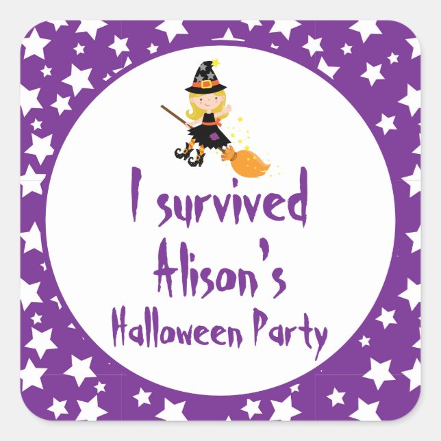 Cute Blonde Witch Halloween 'I Survived' Square Sticker (Front)