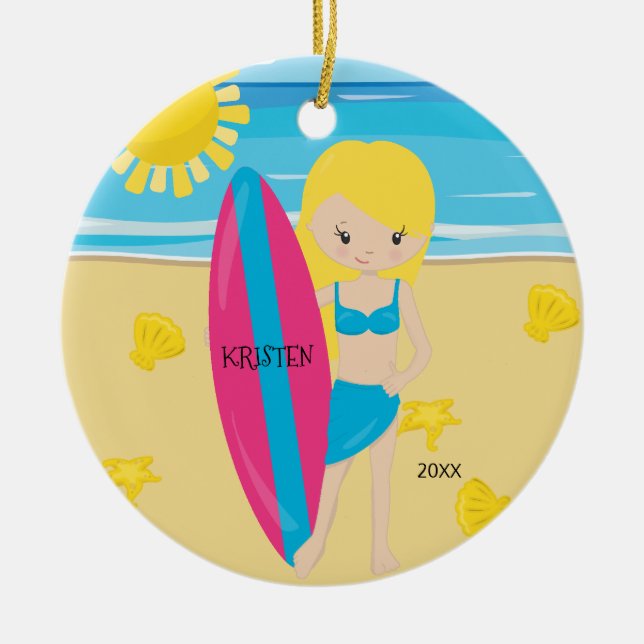 Cute BlondeSurfer Girl Personalised Christmas Ceramic Tree Decoration (Front)