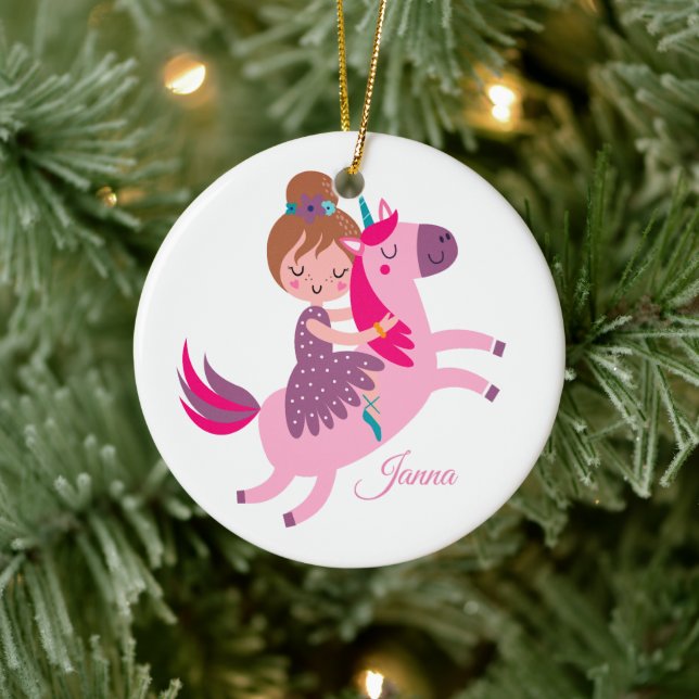 Cute Blondie Haired Girl Riding on a Unicorn Ceramic Ornament (Tree)