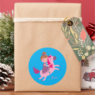 Cute Blondie Haired Girl Riding on a Unicorn Classic Round Sticker