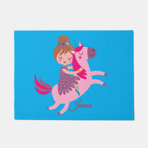 Cute Blondie Haired Girl Riding on a Unicorn Doormat