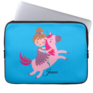 Cute Blondie Haired Girl Riding on a Unicorn Laptop Sleeve