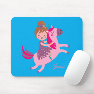 Cute Blondie Haired Girl Riding on a Unicorn Mouse Pad