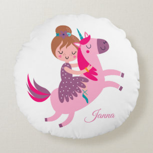Cute Blondie Haired Girl Riding on a Unicorn Round Cushion