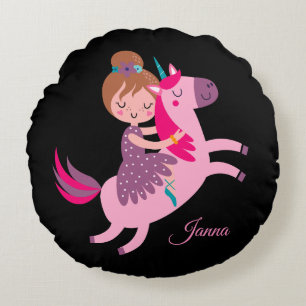 Cute Blondie Haired Girl Riding on a Unicorn Round Cushion