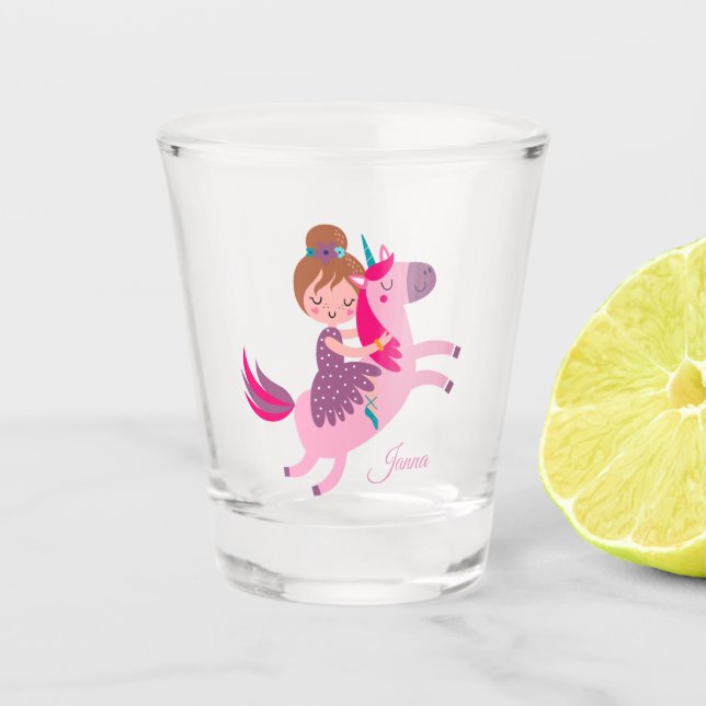 Cute Blondie Haired Girl Riding on a Unicorn Shot Glass (Front)