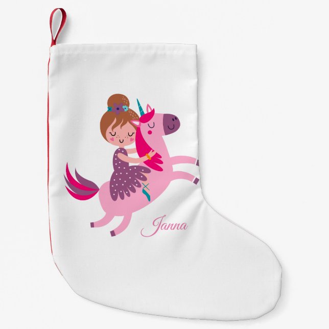 Cute Blondie Haired Girl Riding on a Unicorn Small Christmas Stocking (Front)