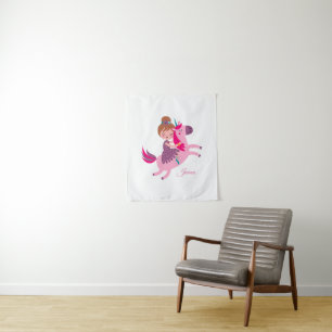 Cute Blondie Haired Girl Riding on a Unicorn Tapestry