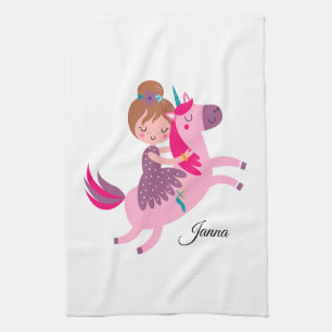 Cute Blondie Haired Girl Riding on a Unicorn Tea Towel