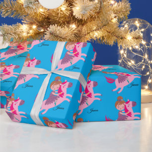Cute Blondie Haired Girl Riding on a Unicorn Wrapping Paper