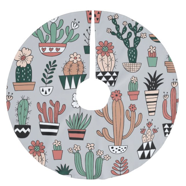 Cute Blooming Cactuses: Hand-Drawn Pattern Brushed Polyester Tree Skirt (Front)
