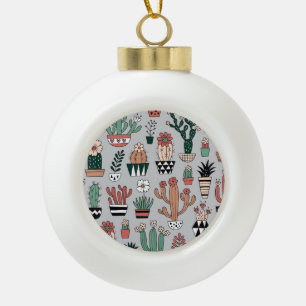 Cute Blooming Cactuses: Hand-Drawn Pattern Ceramic Ball Christmas Ornament