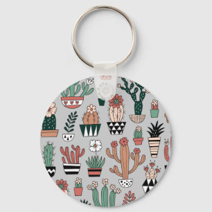 Cute Blooming Cactuses: Hand-Drawn Pattern Key Ring
