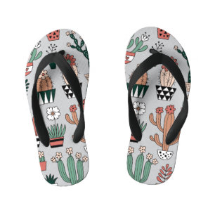 Cute Blooming Cactuses: Hand-Drawn Pattern Kid's Thongs