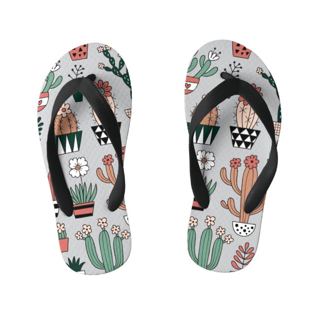 Cute Blooming Cactuses: Hand-Drawn Pattern Kid's Thongs (Footbed)
