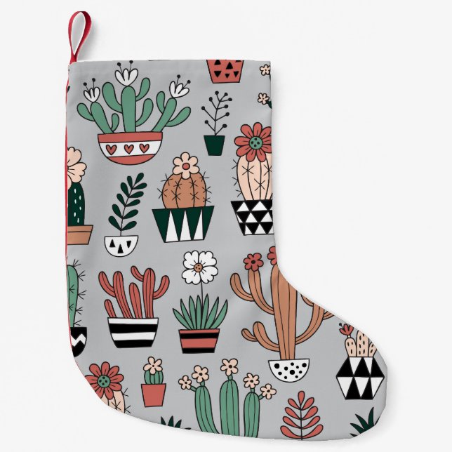 Cute Blooming Cactuses: Hand-Drawn Pattern Small Christmas Stocking (Front)