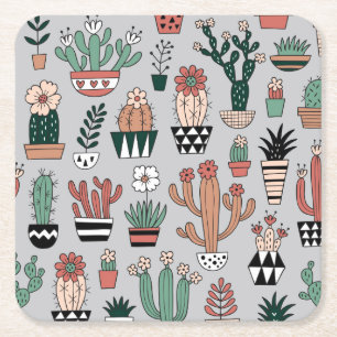 Cute Blooming Cactuses: Hand-Drawn Pattern Square Paper Coaster