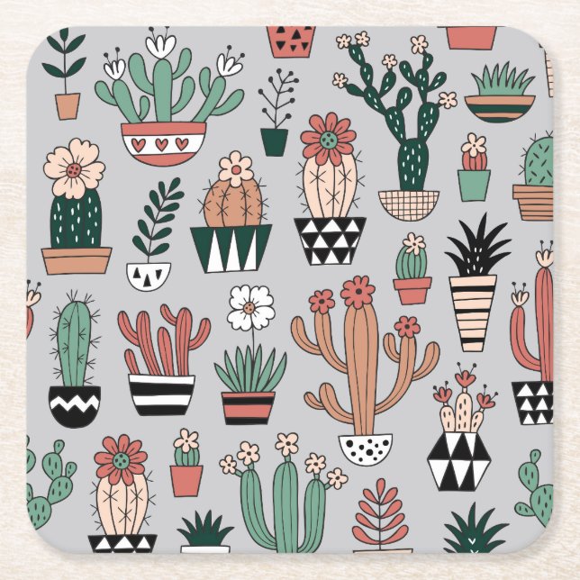 Cute Blooming Cactuses: Hand-Drawn Pattern Square Paper Coaster (Front)