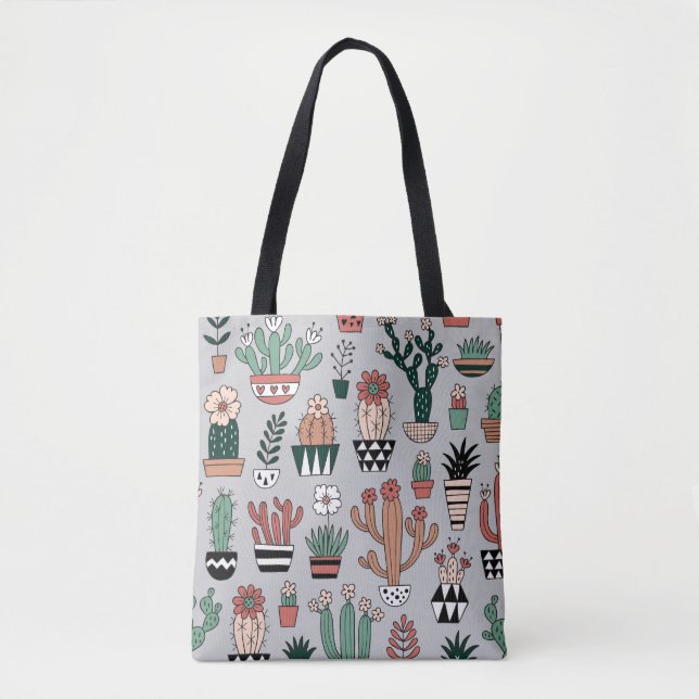 Cute Blooming Cactuses: Hand-Drawn Pattern Tote Bag (Front)