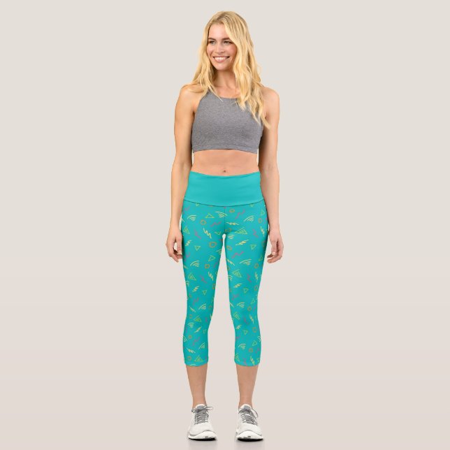 Cute Blue 1980s Trend Capri Leggings (Front)