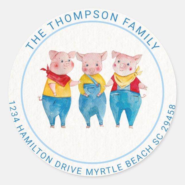 Cute  Blue 3 Little Pigs Baby Shower Address   Classic Round Sticker (Front)