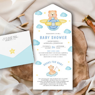 Cute Blue Aeroplane Boy Teddy Bear Baby Shower All In One Invitation