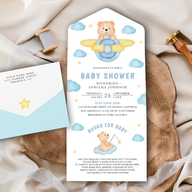 Cute Blue Aeroplane Boy Teddy Bear Baby Shower All In One Invitation (Creator Uploaded)