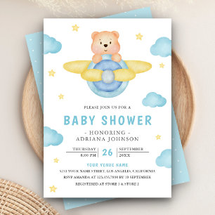 Cute Blue Aeroplane Boy Teddy Bear Baby Shower Invitation