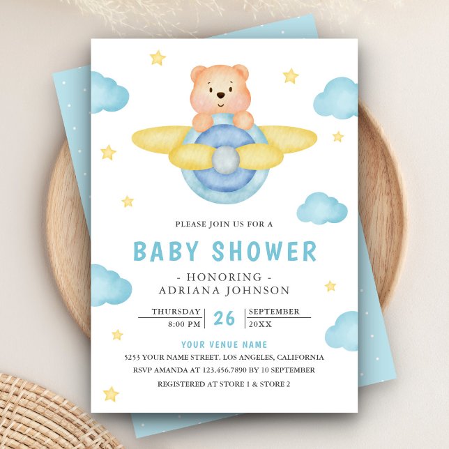 Cute Blue Aeroplane Boy Teddy Bear Baby Shower Invitation (Creator Uploaded)