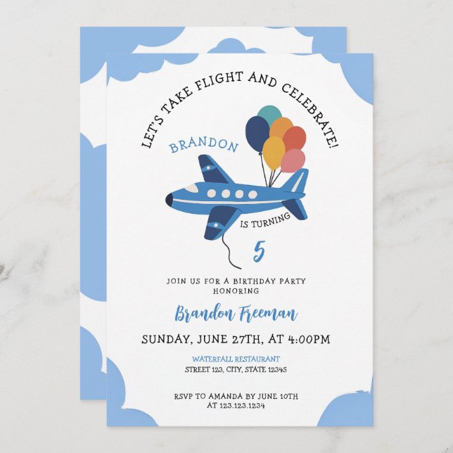 Cute Blue Aeroplane Boys 5th Birthday Invitation (Front/Back)