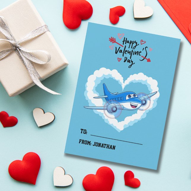 Cute Blue Aeroplane, Kids School, Valentine's Day Holiday Card (Creator Uploaded)