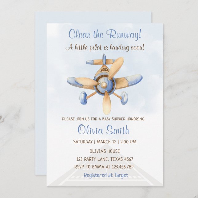 Cute Blue Aeroplane Runway Pilot Baby Shower Invitation (Front/Back)