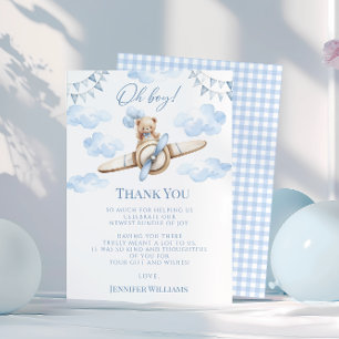 Cute Blue Aeroplane & Teddy Bear Baby Boy Shower Thank You Card