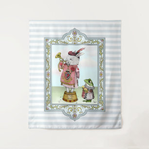 Cute Blue Alice in Wonderland White Rabbit Art Tapestry