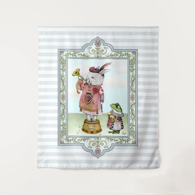 Cute Blue Alice in Wonderland White Rabbit Art Tapestry (Front)