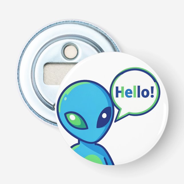Cute Blue Alien Saying Hello Bottle Opener (Front)