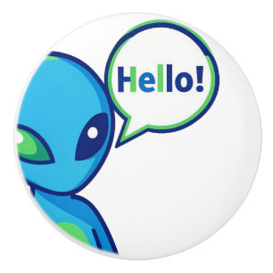 Cute Blue Alien Saying Hello Ceramic Knob