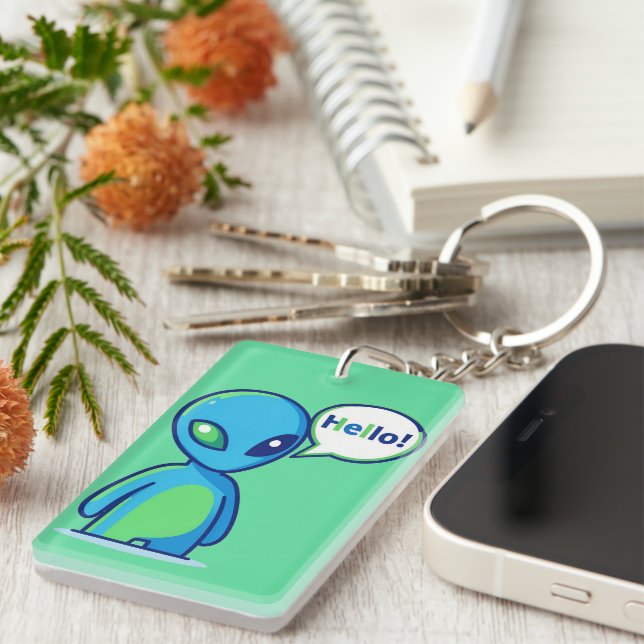 Cute Blue Alien Saying Hello Key Ring (Front Right)