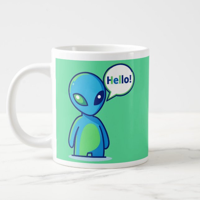 Cute Blue Alien Saying Hello Large Coffee Mug (Left)