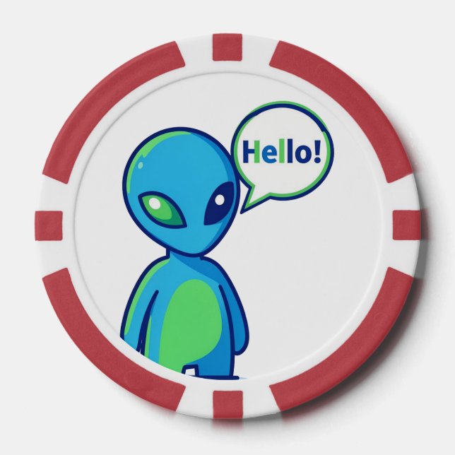 Cute Blue Alien Saying Hello Poker Chips (Front)