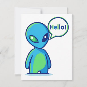 Cute Blue Alien Saying Hello RSVP Card